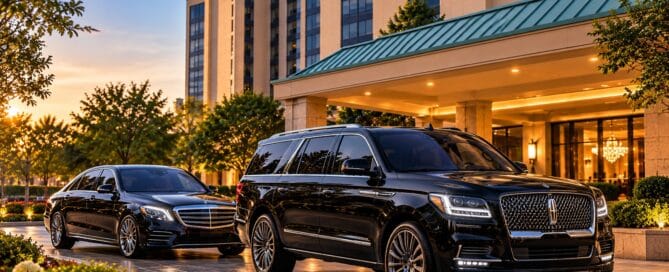 Black car service to Chicago Marriott Suites O’Hare with a black Lincoln Navigator and Mercedes-Benz S-Class at a Rosemont hotel entrance