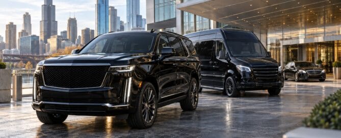 Chicago convention transportation with black luxury SUV, executive Sprinter, and sedan outside a Chicago conference venue