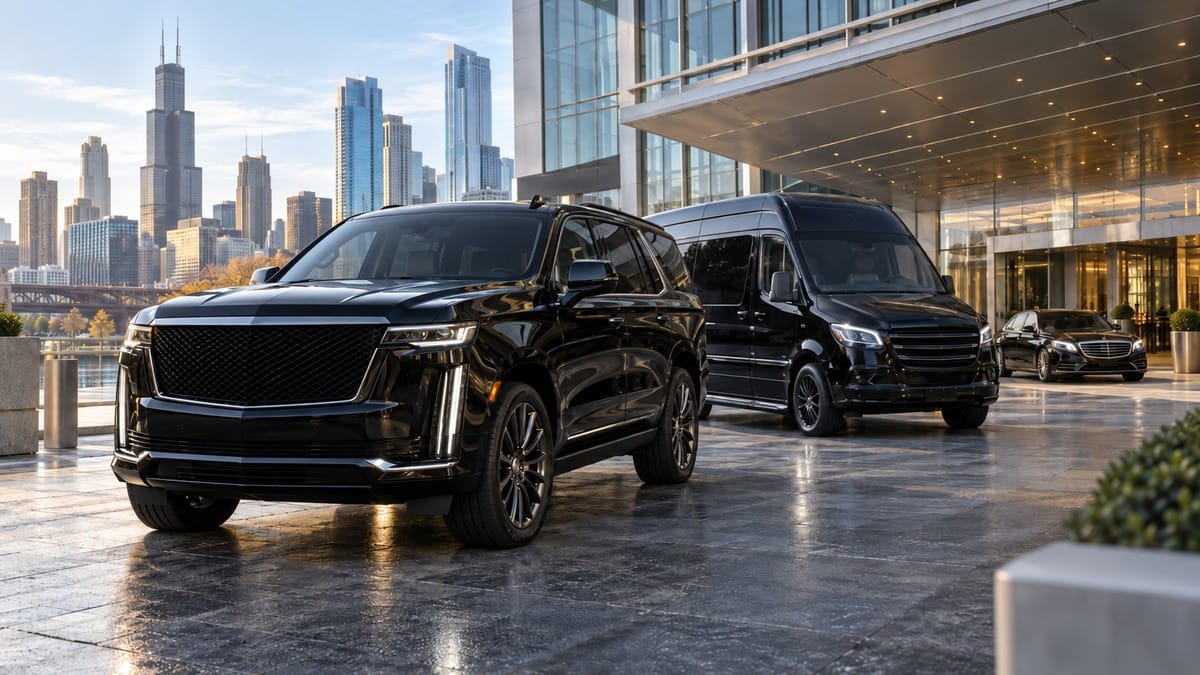 Chicago convention transportation with black luxury SUV, executive Sprinter, and sedan outside a Chicago conference venue