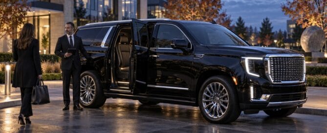 Chicago corporate car service chauffeur holding a tablet beside a black luxury SUV with the door open for a business client outside an office building at dusk