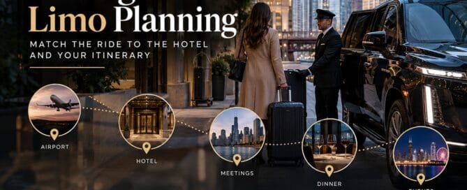 Chicago hotel limo planning with a black luxury SUV, chauffeur, hotel arrival, airport transfer, meetings, dinner and event itinerary