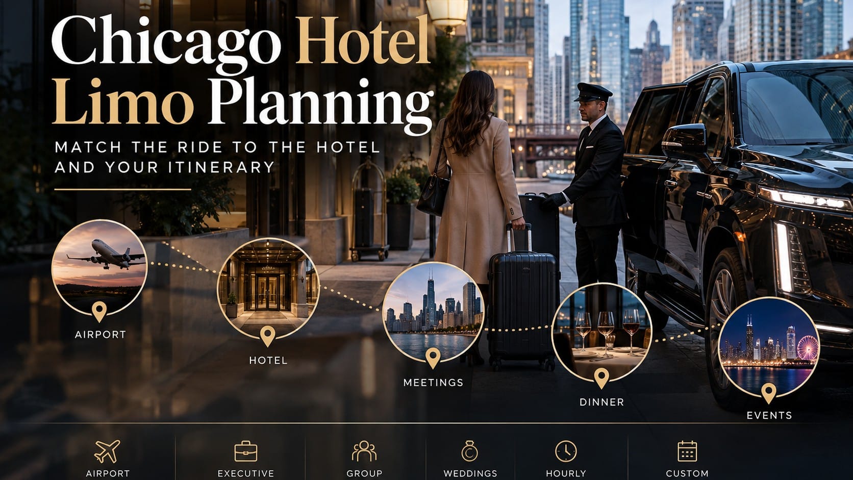 Chicago hotel limo planning with a black luxury SUV, chauffeur, hotel arrival, airport transfer, meetings, dinner and event itinerary