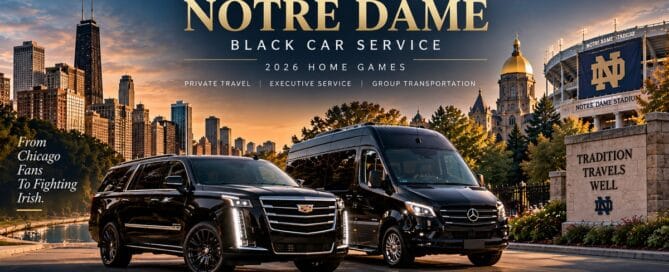 Chicago to Notre Dame black car service with luxury black SUV and executive vehicle for 2026 Fighting Irish football games