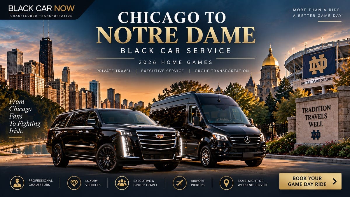 Chicago to Notre Dame black car service with luxury black SUV and executive vehicle for 2026 Fighting Irish football games