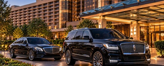 Executive car service to Hyatt Regency O’Hare Chicago with a black Lincoln Navigator and Mercedes-Benz S-Class at the hotel entrance