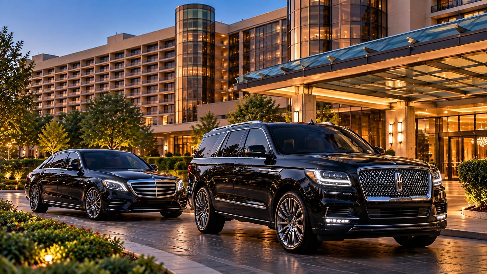 Executive car service to Hyatt Regency O’Hare Chicago with a black Lincoln Navigator and Mercedes-Benz S-Class at the hotel entrance