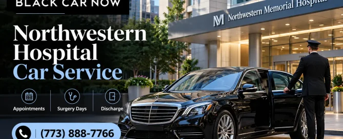 Black Car Now luxury car service to Northwestern Memorial Hospital in Chicago featuring a black Mercedes sedan and professional chauffeur for medical appointments, surgery days, and hospital discharge. Call (773) 888-7766.