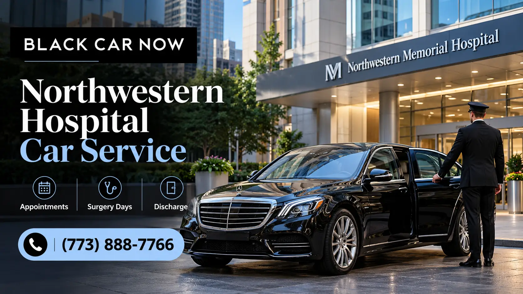 Black Car Now luxury car service to Northwestern Memorial Hospital in Chicago featuring a black Mercedes sedan and professional chauffeur for medical appointments, surgery days, and hospital discharge. Call (773) 888-7766.