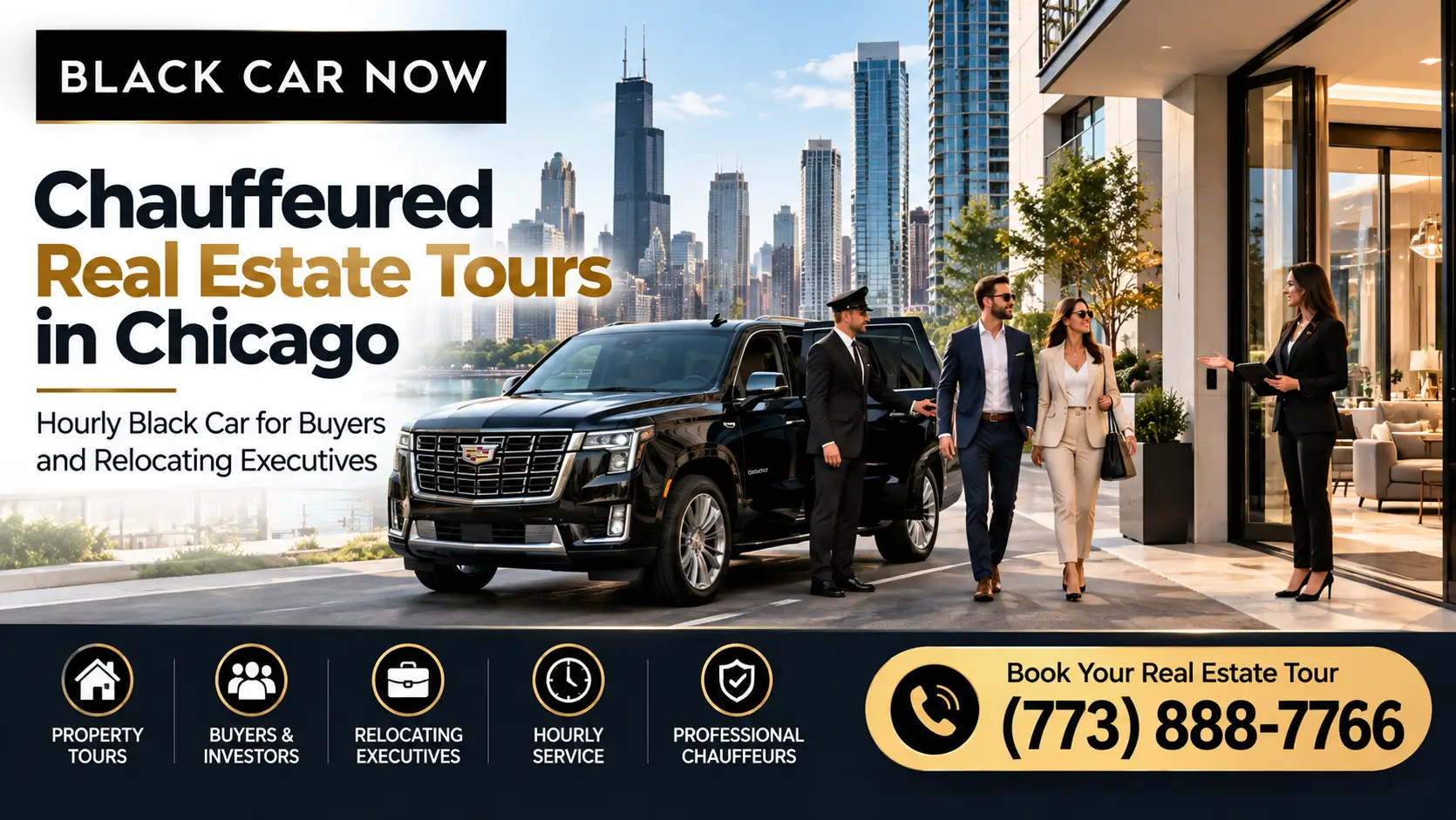 Black Car Now chauffeured real estate tours in Chicago featuring a luxury black SUV, professional chauffeur, property viewings, and hourly transportation for homebuyers and relocating executives. Call (773) 888-7766.