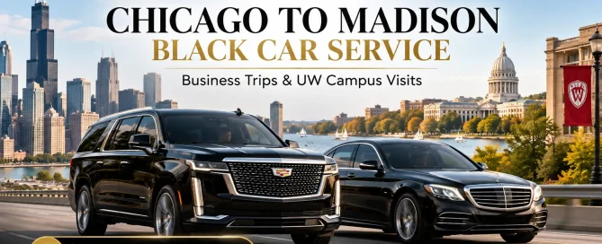Black Car Now luxury black car service from Chicago to Madison for business trips and UW campus visits, featuring premium SUVs, sedans, and contact number (773) 888-7766.