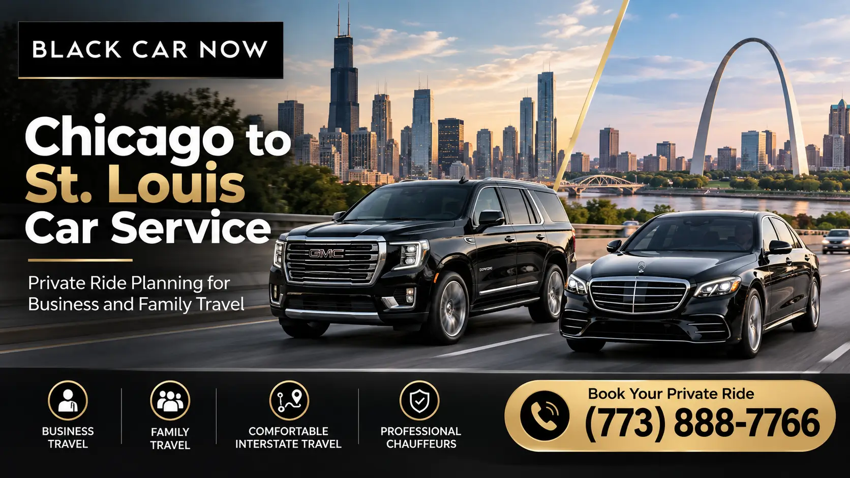 Black Car Now Chicago to St. Louis car service featuring luxury black SUVs and sedans for private business and family travel. Call (773) 888-7766.