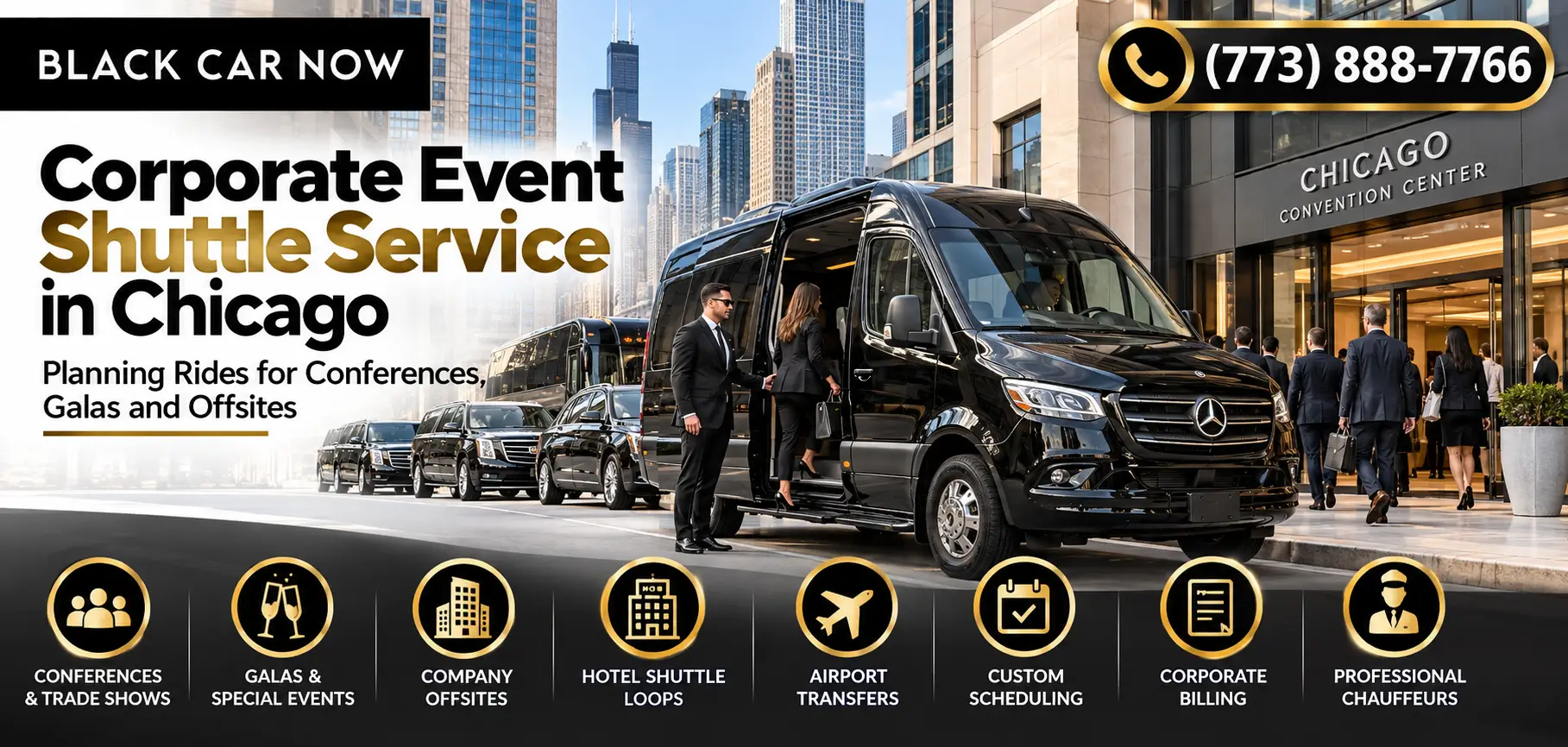 Black Car Now corporate event shuttle service in Chicago featuring a luxury black passenger van and professional chauffeurs outside a convention center, with transportation for conferences, galas, company offsites and hotel shuttle loops. Call (773) 888-7766.