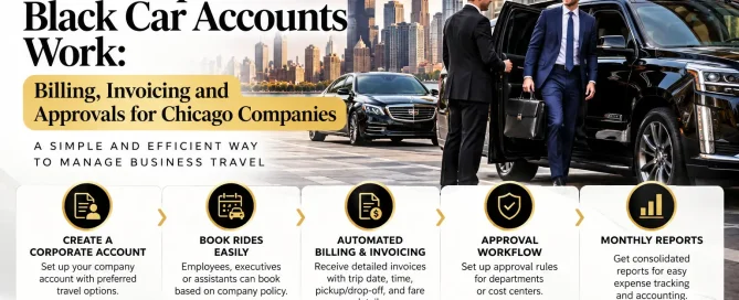 Black Car Now corporate black car service in Chicago featuring a luxury black SUV, professional chauffeur, and corporate account management for billing, invoicing, ride approvals, and monthly expense reports.
