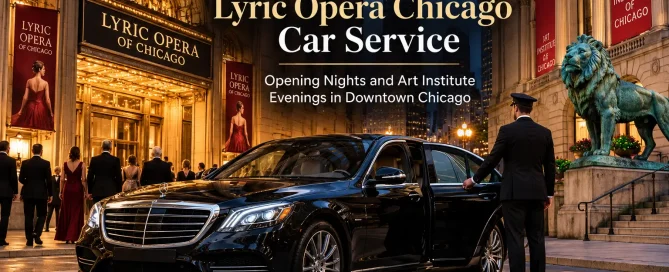 Black Car Now luxury car service in downtown Chicago featuring a black Mercedes-Benz sedan and professional chauffeur outside the Lyric Opera of Chicago and the Art Institute for opening nights, museum visits, and evening events.