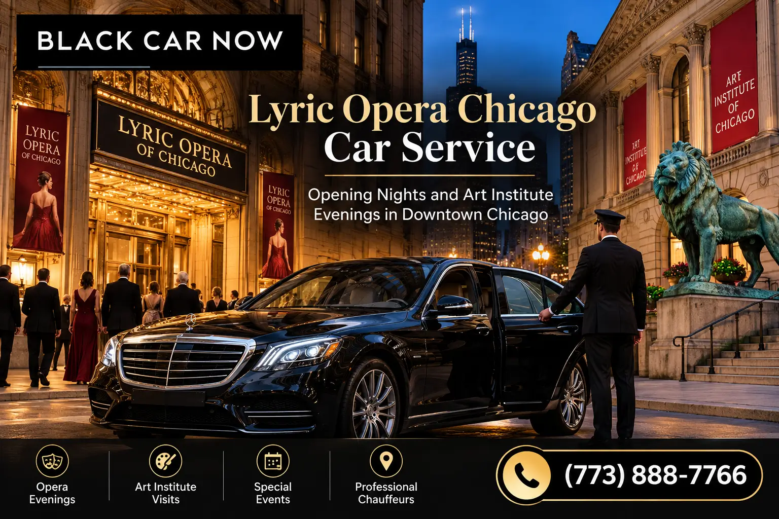 Black Car Now luxury car service in downtown Chicago featuring a black Mercedes-Benz sedan and professional chauffeur outside the Lyric Opera of Chicago and the Art Institute for opening nights, museum visits, and evening events.