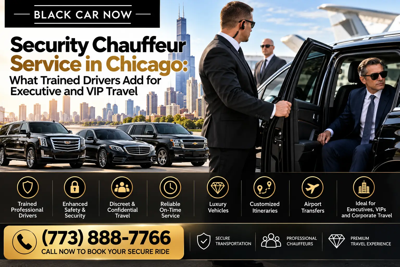 Black Car Now security chauffeur service in Chicago featuring a professional chauffeur assisting an executive into a luxury black SUV, with a fleet of premium vehicles and Chicago skyline in the background. Highlights discreet transportation, trained drivers, VIP travel, and airport transfers. Phone: (773) 888-7766.