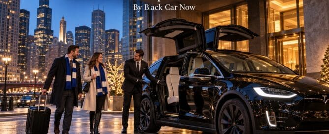Blackhawks vs Maple Leafs car service with a black Tesla Model X with falcon-wing doors open at a luxury Chicago hotel entrance at dusk as travelers arrive
