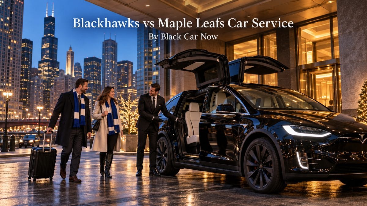 Blackhawks vs Maple Leafs car service with a black Tesla Model X with falcon-wing doors open at a luxury Chicago hotel entrance at dusk as travelers arrive