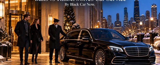 Bulls vs Timberwolves car service with a two-tone Mercedes-Maybach and chauffeur greeting guests at a downtown Chicago hotel entrance at dusk before the game