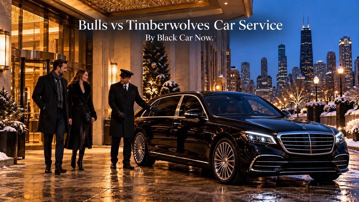 Bulls vs Timberwolves car service with a two-tone Mercedes-Maybach and chauffeur greeting guests at a downtown Chicago hotel entrance at dusk before the game