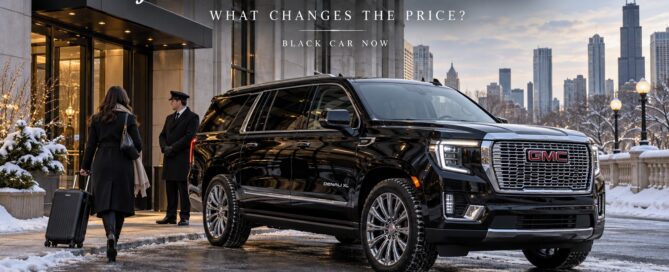 Black GMC Denali XL with chauffeur in winter Chicago illustrating Chicago black car service cost in January for Black Car Now.