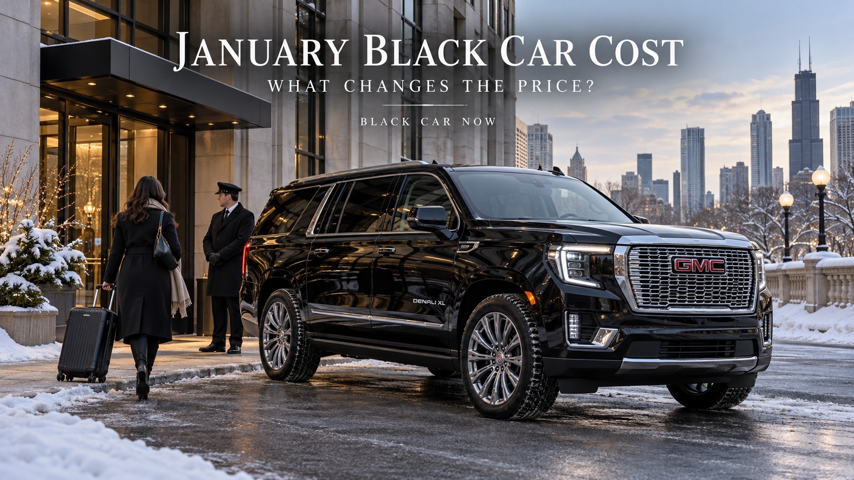 Black GMC Denali XL with chauffeur in winter Chicago illustrating Chicago black car service cost in January for Black Car Now.