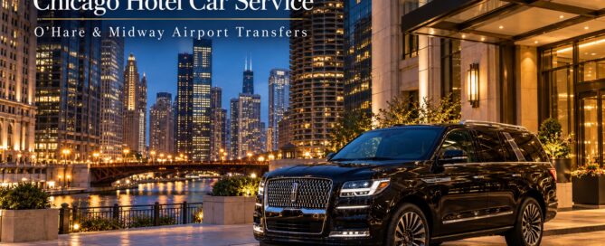 Chicago hotel car service featuring a black Lincoln Navigator near luxury riverfront hotels for O'Hare and Midway airport transfers
