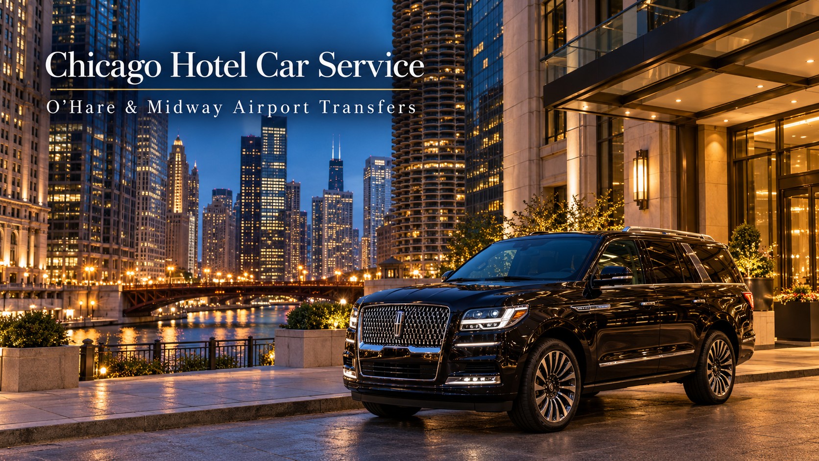Chicago hotel car service featuring a black Lincoln Navigator near luxury riverfront hotels for O'Hare and Midway airport transfers