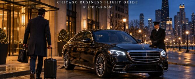 Black Mercedes-Benz S-Class with an executive traveler and chauffeur in Chicago before a Monday morning O’Hare business flight with Black Car Now.