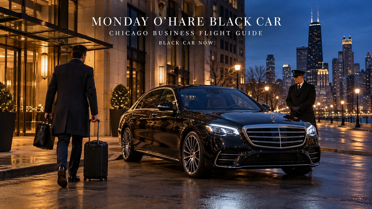 Black Mercedes-Benz S-Class with an executive traveler and chauffeur in Chicago before a Monday morning O’Hare business flight with Black Car Now.