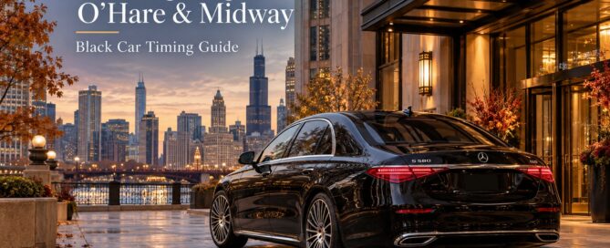Thanksgiving O'Hare black car guide featuring a black Mercedes-Benz S-Class outside a luxury Chicago hotel during autumn