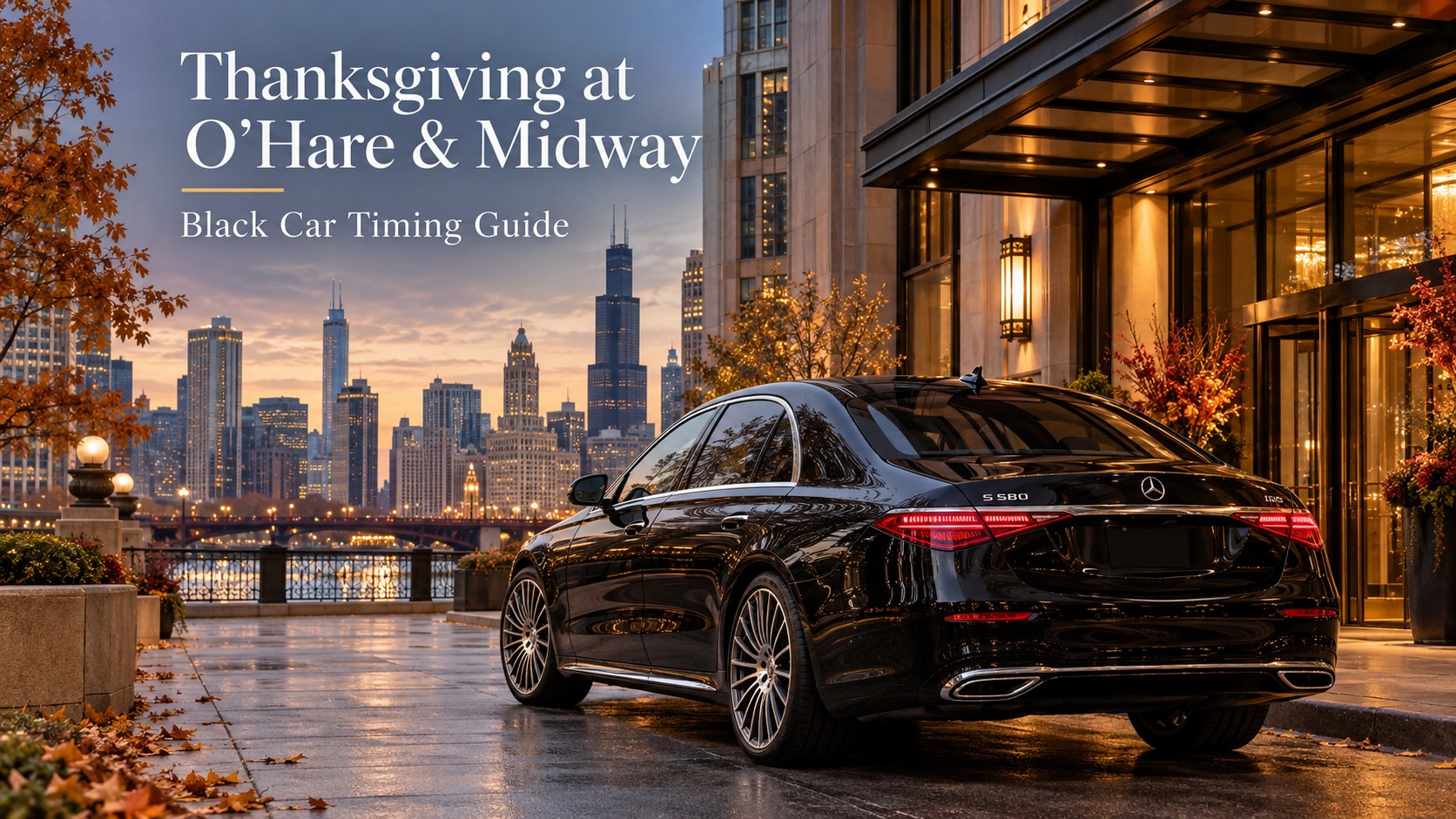 Thanksgiving O'Hare black car guide featuring a black Mercedes-Benz S-Class outside a luxury Chicago hotel during autumn