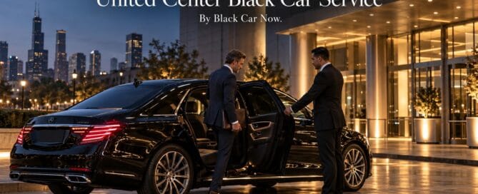 United Center black car service with a black Mercedes-Benz S-Class and chauffeur greeting an executive outside a Chicago arena before a Bulls game