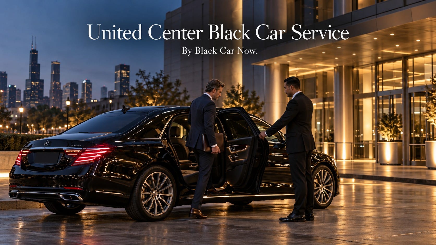 United Center black car service with a black Mercedes-Benz S-Class and chauffeur greeting an executive outside a Chicago arena before a Bulls game